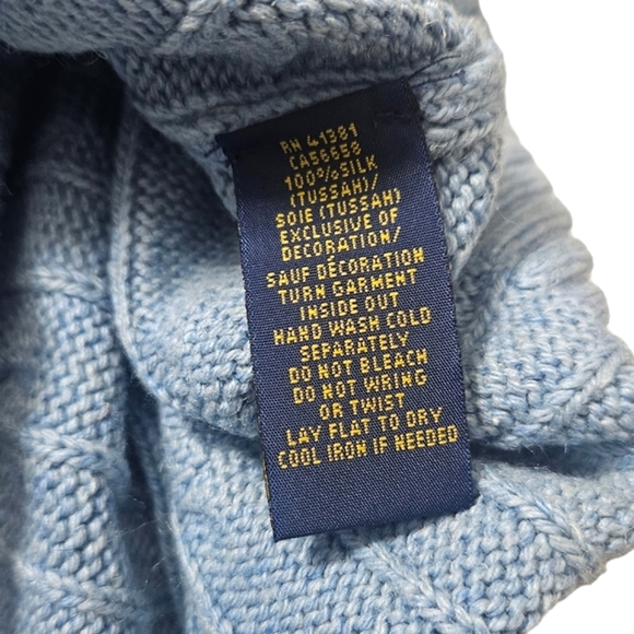 Polo | 100% Silk Tussah | Logo Embroidered Cable-Knit Sweater | Men's | Blue - Picture 2 of 9